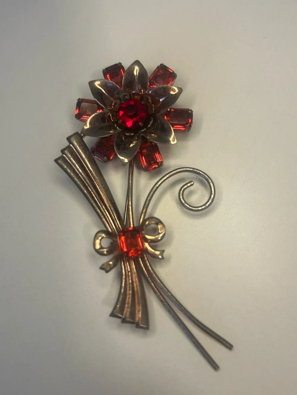 Vintage Red Crystal Floral Brooch